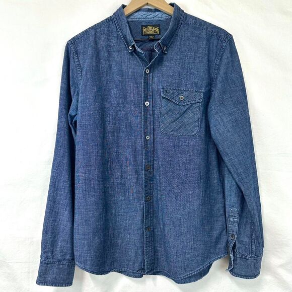 TRUE RELIGION Blue Chambray Denim Long Sleeve Collared Button Down Shirt Mens M - Picture 1 of 7